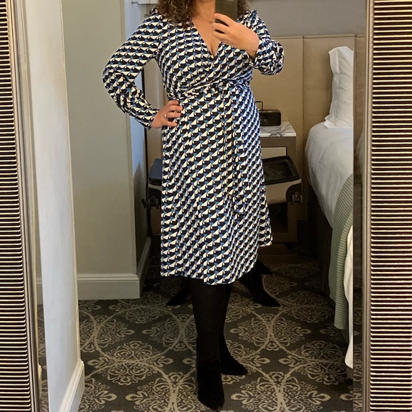 Halogen Patterned Wrap Dress - L (blue/black/burgundy) - Picture 1 of 1